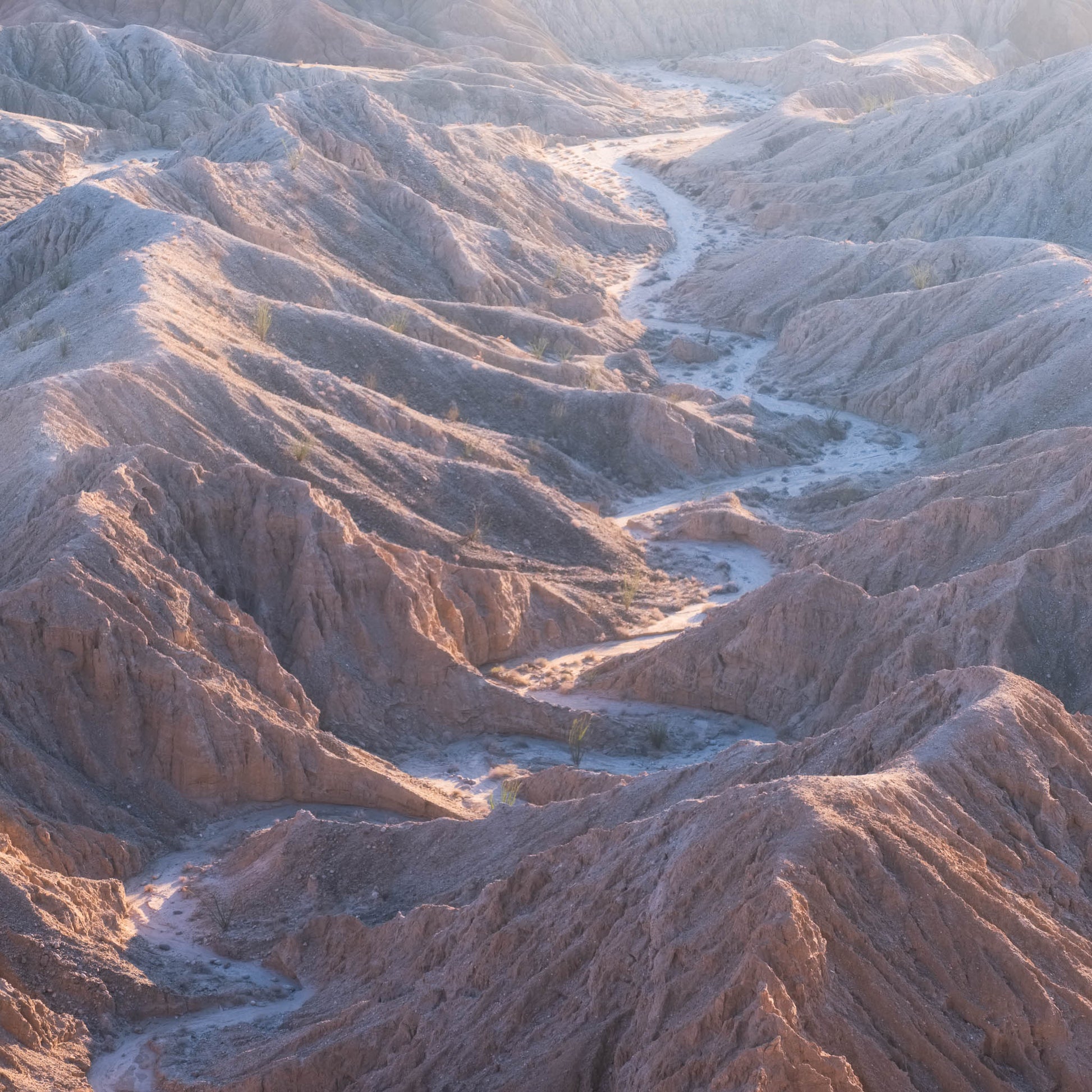 Aerial view of rugged Anza-Borrego Desert landscape with winding dry riverbed during soft sunlight.