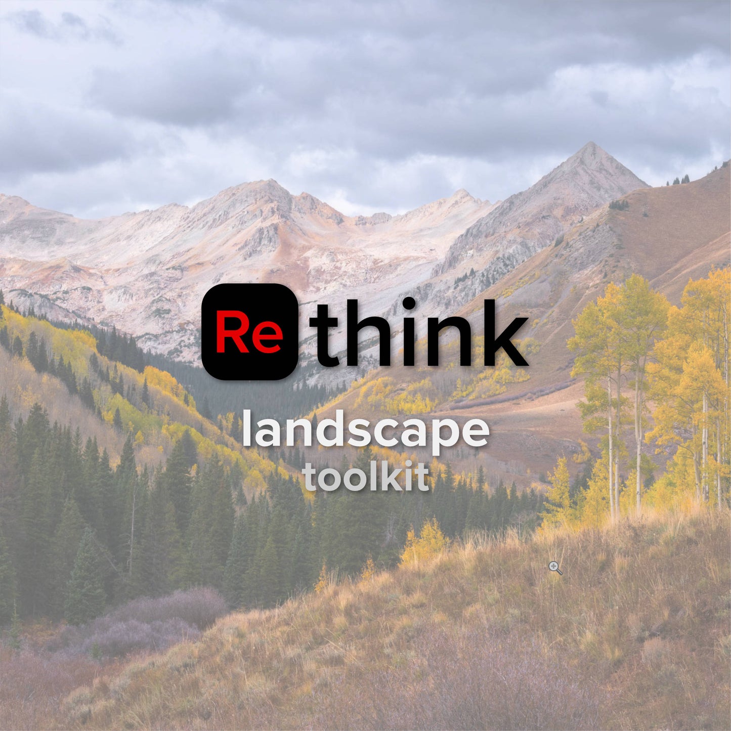 Mountain landscape with 'Rethink' logo and text overlay