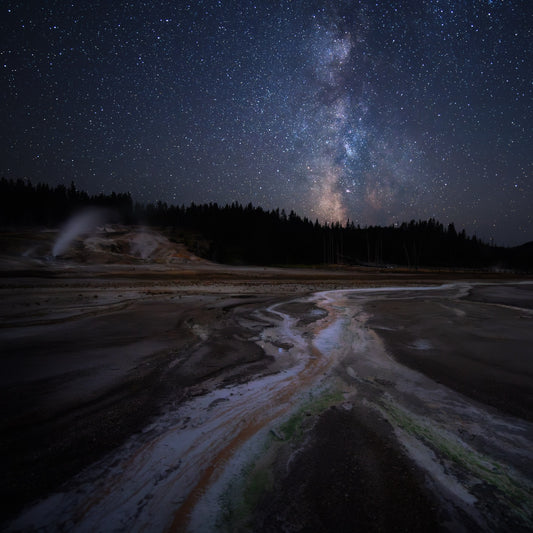 milky way over norris geyser basin in yellowstone national park